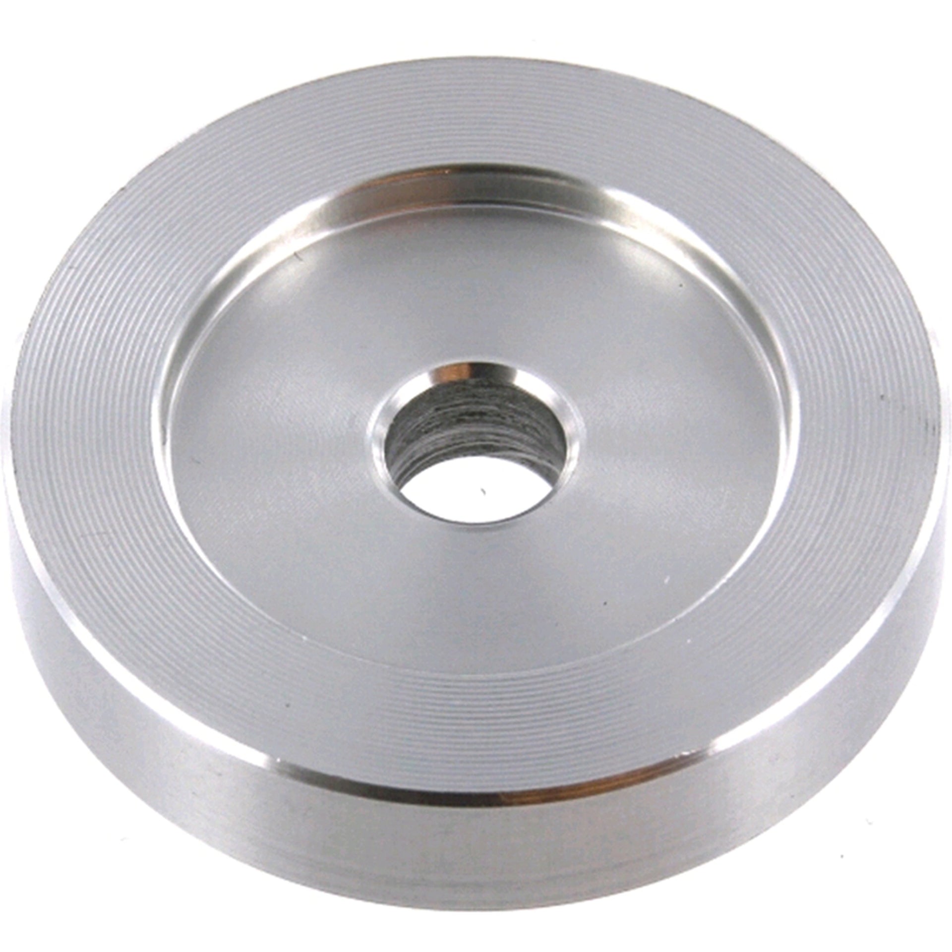 Tonar aluminum 45 RPM record adapter for turntables, stabilizer and 45 RPM record weight in a sleek metallic finish.