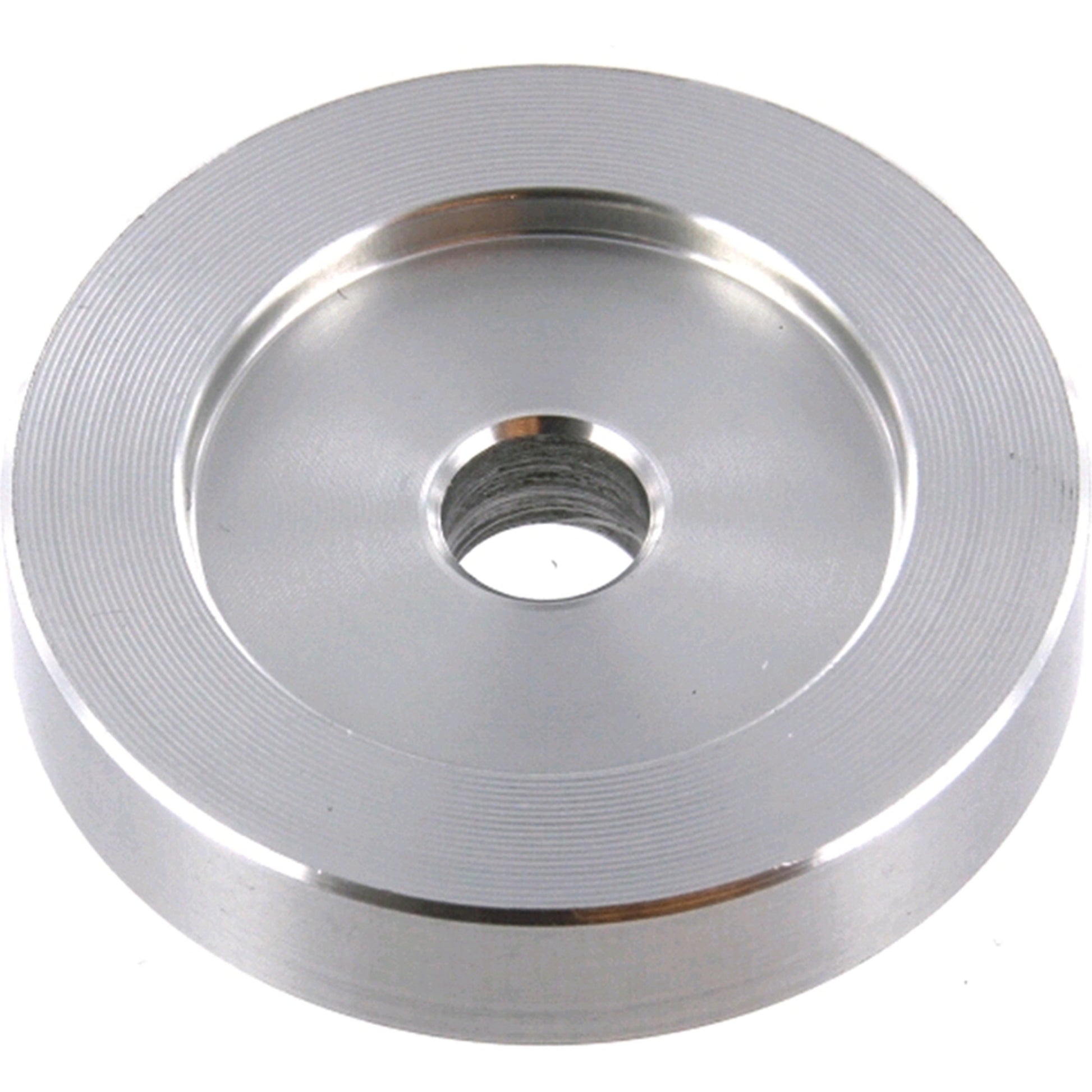 Tonar aluminum 45 RPM record adapter for turntables, stabilizer and 45 RPM record weight in a sleek metallic finish.