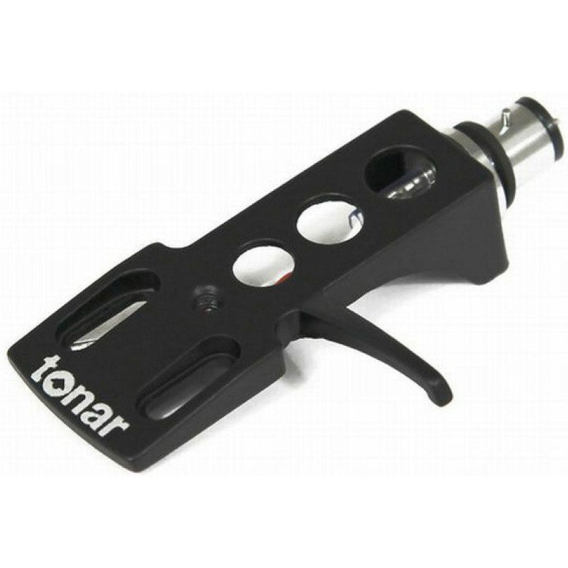Black Tonar DJ Headshell for cartridges, shown with mounting and wiring details, ideal for turntable setup and DJ equipment.