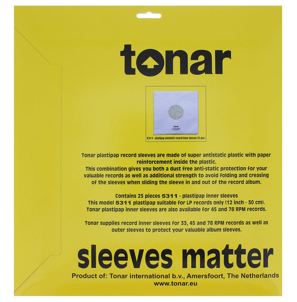 Set of 25 Tonar Plastipap inner record sleeves, clear protective covers for vinyl records, shown in a stack.