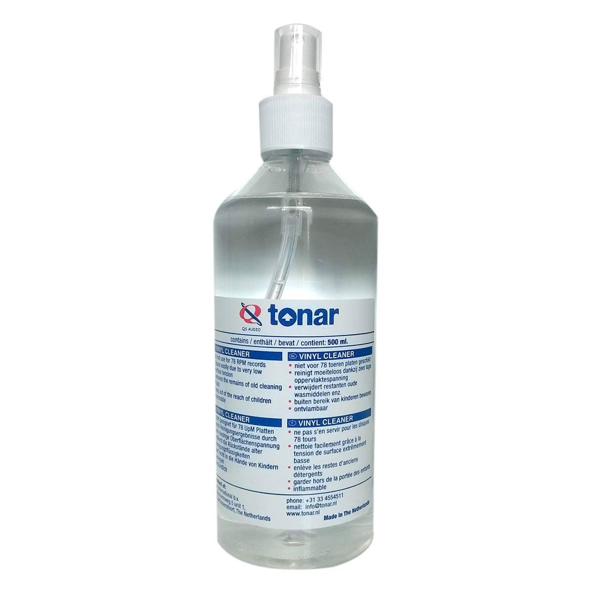 Tonar QS Record Vinyl Spray Cleaner in 0.5L bottle, designed for cleaning and maintaining vinyl records with a spray applicator.