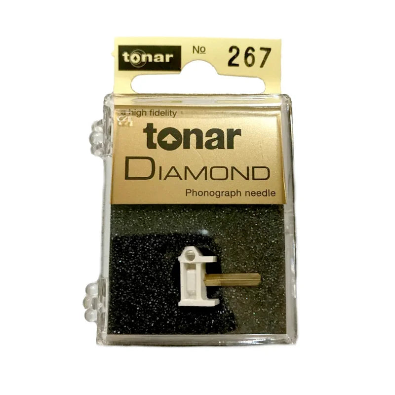 Tonar Shure N44-7 turntable stylus resting on a white background, showcasing the cartridge tip and stylus needle.