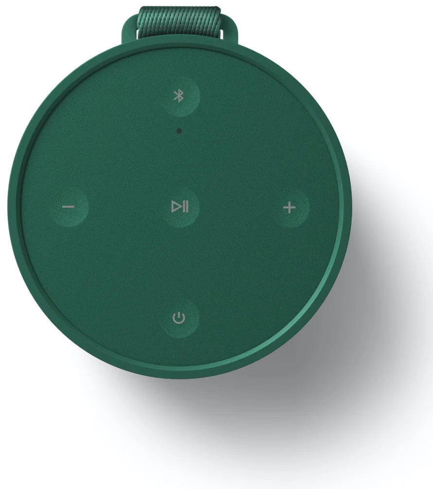 Bang & Olufsen Beosound Explore portable speaker with rugged design and top controls, shown from the top angle.