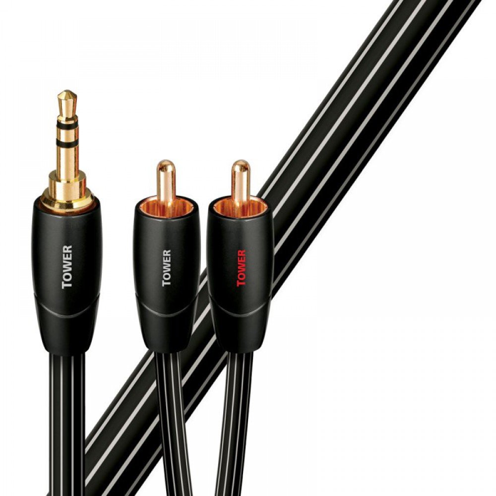 AudioQuest Tower 3.5mm TRS to dual RCA cable, 1m length, showcasing high-quality connectors and flexible design.