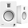 Wireless Kanto Audio TUK speaker in white, showing modern design with fabric grille and sleek controls.