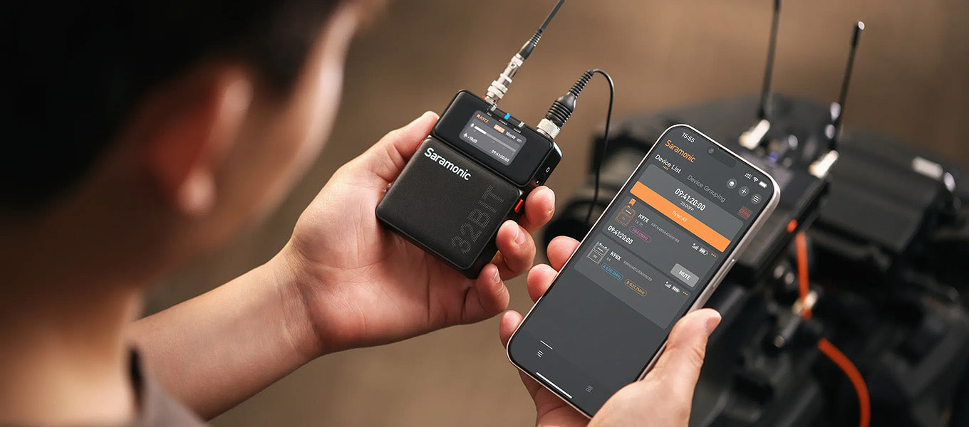 Saramonic K9 professional wireless microphone system with compact receiver and transmitter setup for high-quality audio.