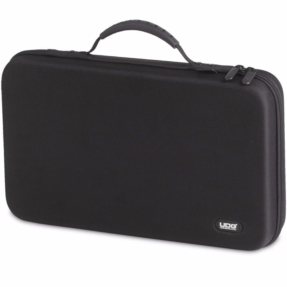 Black UDG Creator Korg Volca hardcase for studio equipment, showing durable exterior and secure zipper closure.