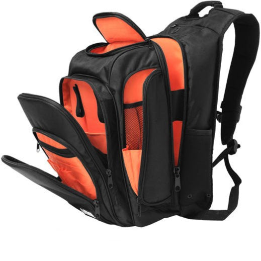 Black and orange UDG DJ backpack featuring multiple compartments and padded straps for comfortable carrying.