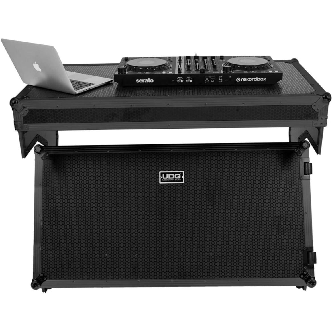 UDG Ultimate Flight Case portable Z-Style DJ table in black, featuring wheels for easy transport and setup.