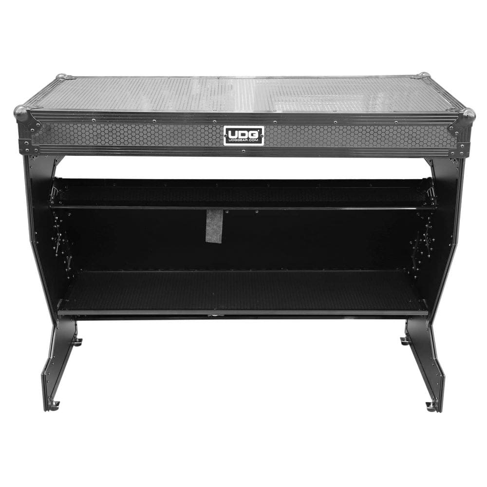 UDG Ultimate Flight Case Portable Z-Style DJ Table in black with wheels, showcasing a sturdy and sleek design.