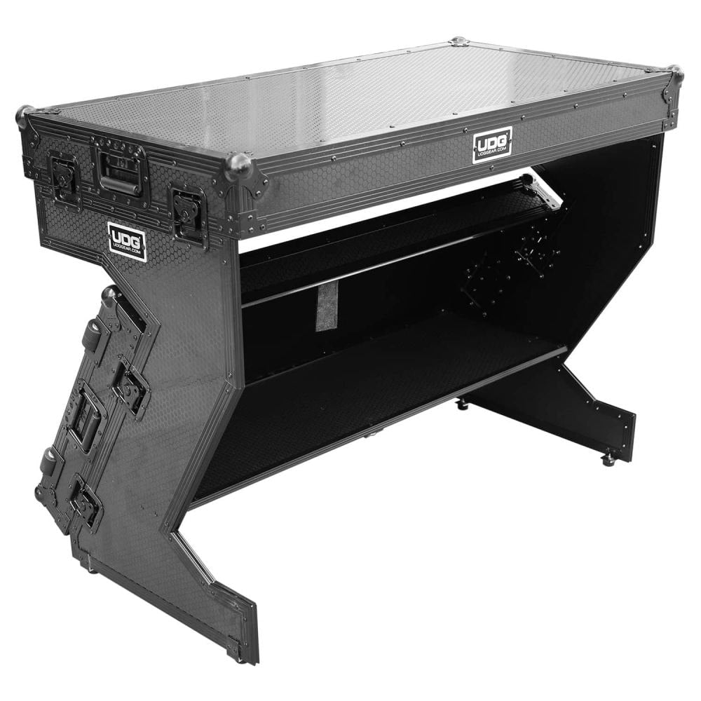 UDG Ultimate Flight Case portable Z-style DJ table in black with wheels, showcasing sturdy design and ample workspace.