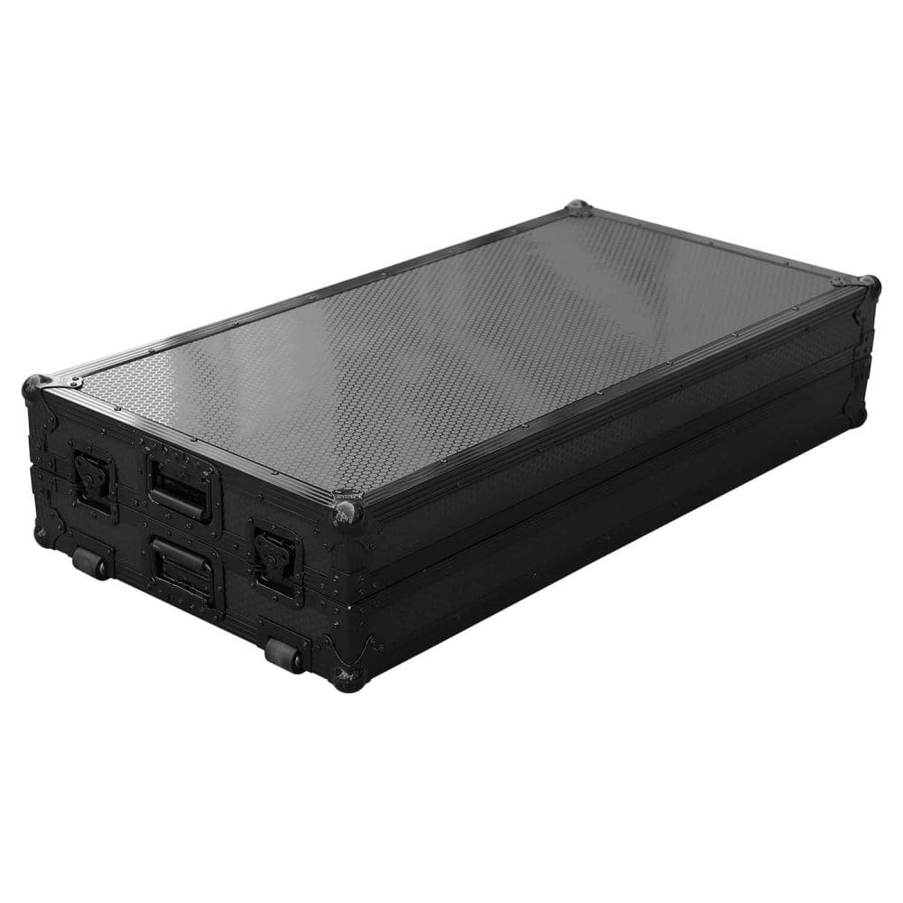 UDG Ultimate Flight Case portable Z-Style DJ table in black with wheels, showcasing a sleek and sturdy design for DJs.