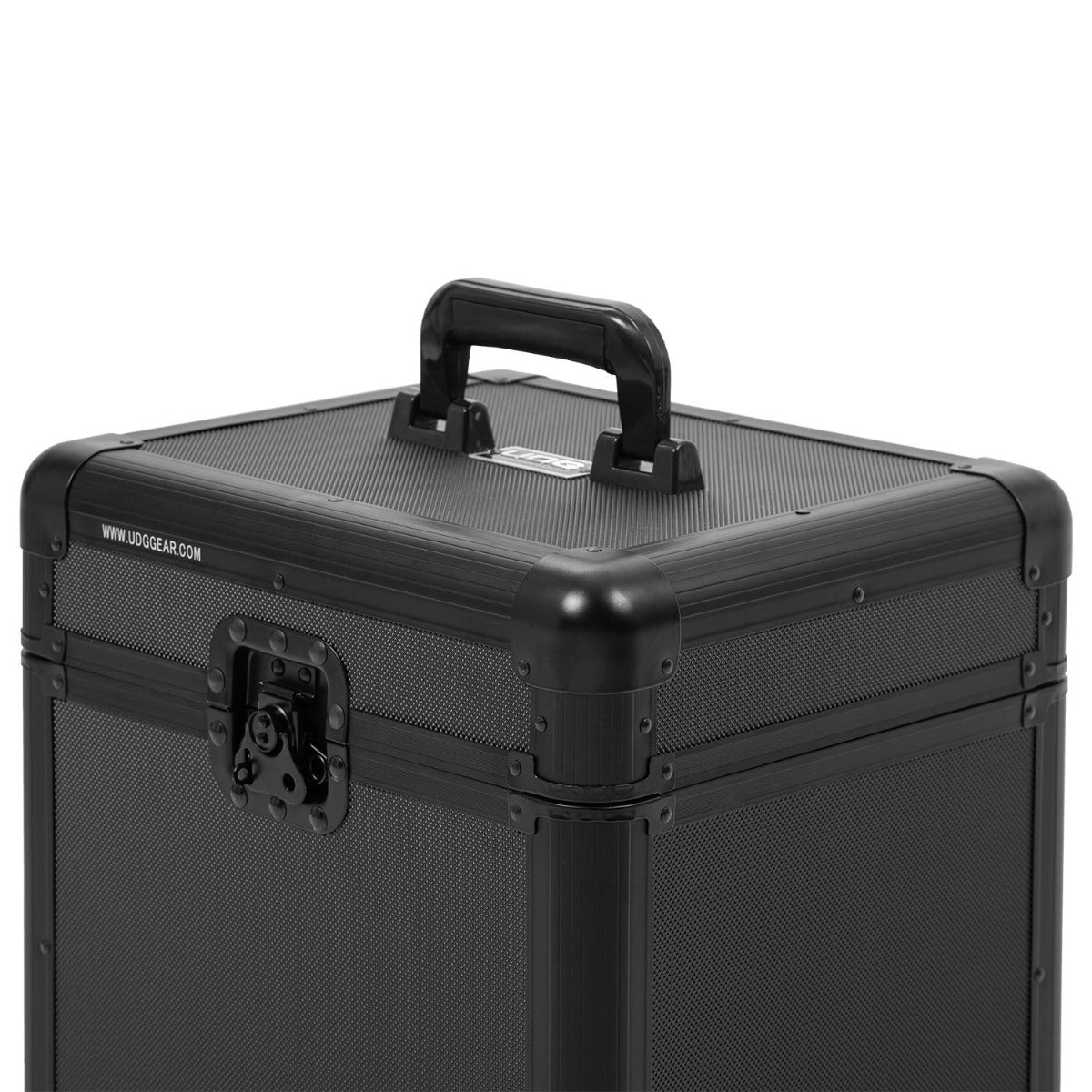 UDG Ultimate Record Case 80 in black, showcasing a sturdy design with vinyl records neatly organized inside.