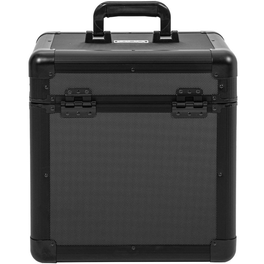 UDG Ultimate Record Case 80 in black, designed for DJs, showcasing a sturdy exterior and spacious interior for vinyl records.
