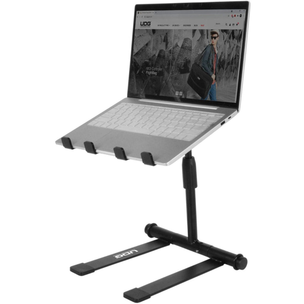 UDG Ultimate height adjustable black laptop stand with ergonomic design and sturdy support for desks and workspaces.