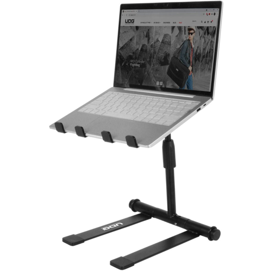 UDG Ultimate height adjustable black laptop stand with ergonomic design and sturdy support for desks and workspaces.
