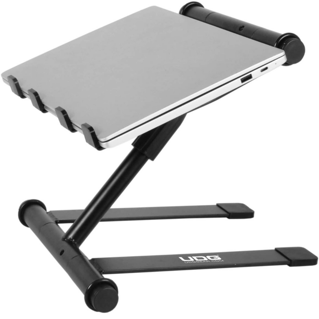 UDG Ultimate Height Adjustable Laptop Stand in black showing its adjustable design and sturdy construction for ergonomic use.