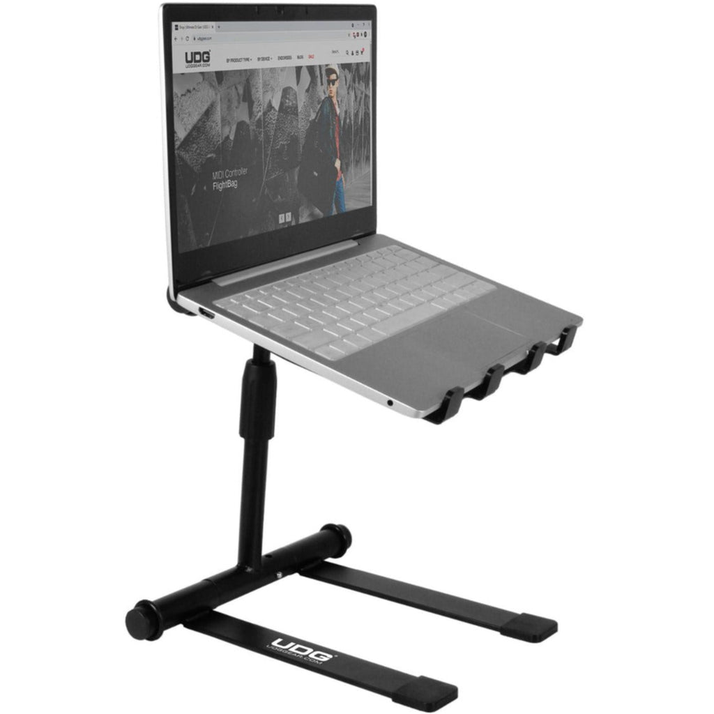 UDG Ultimate Height Adjustable Laptop Stand in black, featuring a sleek design and adjustable height for ergonomic workspace setup.