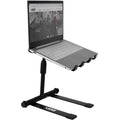 UDG Ultimate Height Adjustable Laptop Stand in black, featuring a sleek design and adjustable height for ergonomic workspace setup.