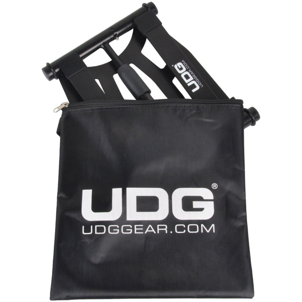 UDG Ultimate height adjustable black laptop stand with modern design, supporting ergonomic use for laptops and notebooks.