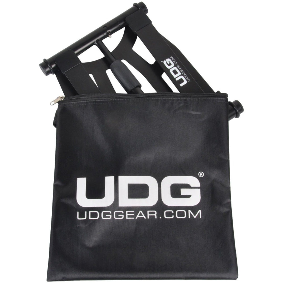 UDG Ultimate height adjustable black laptop stand with modern design, supporting ergonomic use for laptops and notebooks.