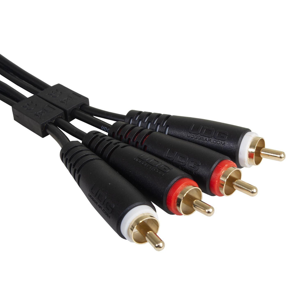 UDG Ultimate Audio RCA cable set with black straight connectors, 3-meter length, ideal for high-quality audio connections.