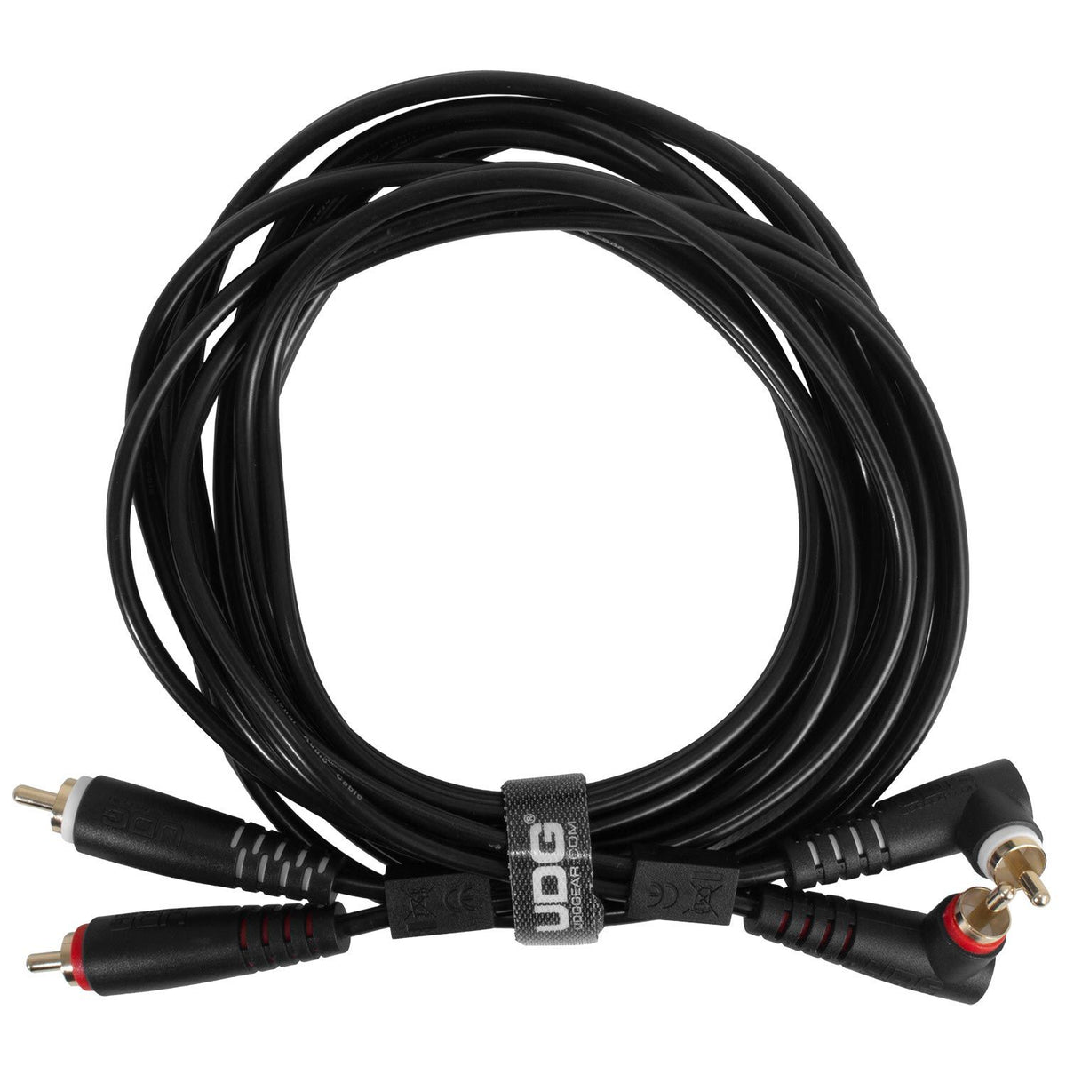 UDG Ultimate Audio RCA cable set with 3m black RCA straight and angled connectors, ideal for high-quality audio connections.
