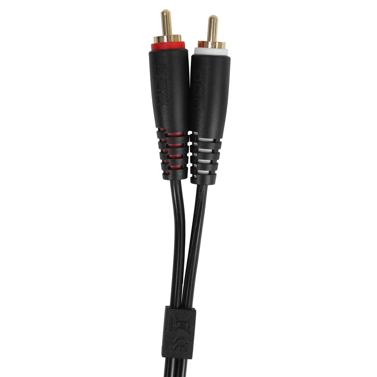 UDG Ultimate Audio RCA cable set with straight and angled connectors, black 3-meter length for high-quality audio connections.