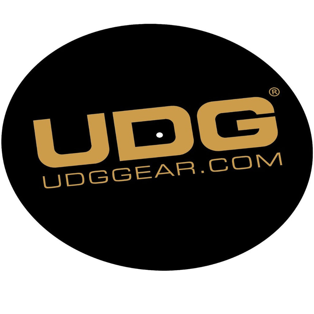 UDG Ultimate turntable slipmat set in black and gold, featuring two slipmats for DJ turntables, designed for smooth spinning.