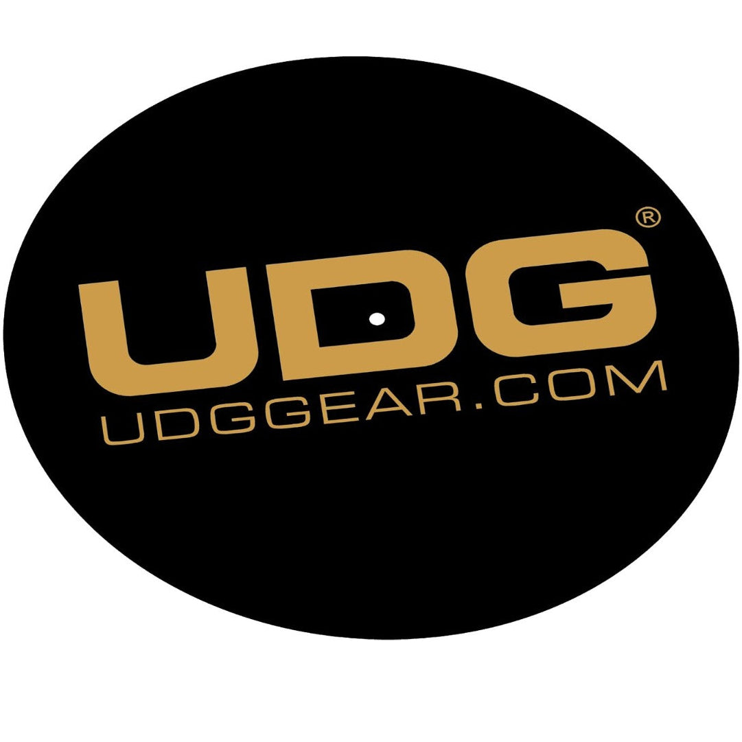 UDG Ultimate turntable slipmat set in black and gold, featuring two slipmats for DJ turntables, designed for smooth spinning.