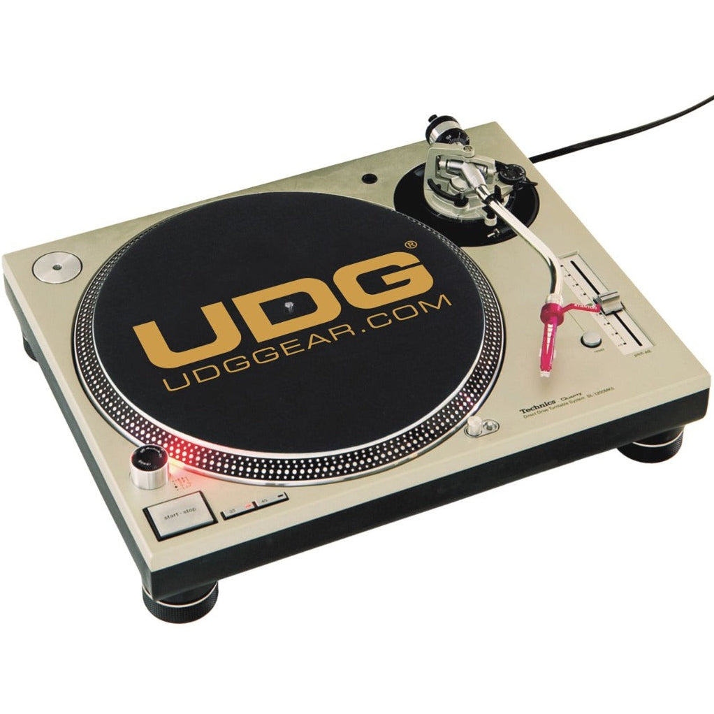 UDG Ultimate Turntable Slipmat Set in black and gold with stylish design, designed for DJ turntables and vinyl record playback.