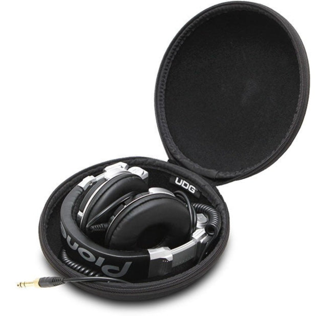 Small UDG Creator headphone case in black with zipper closure, designed to protect and carry headphones securely.