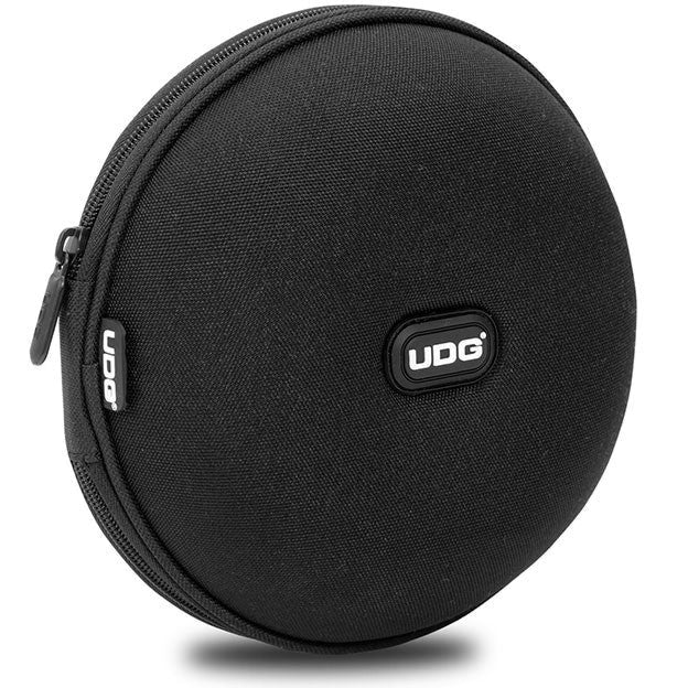 Small UDG Creator headphone case in black with padded exterior and zipper closure, designed for compact headphone storage.