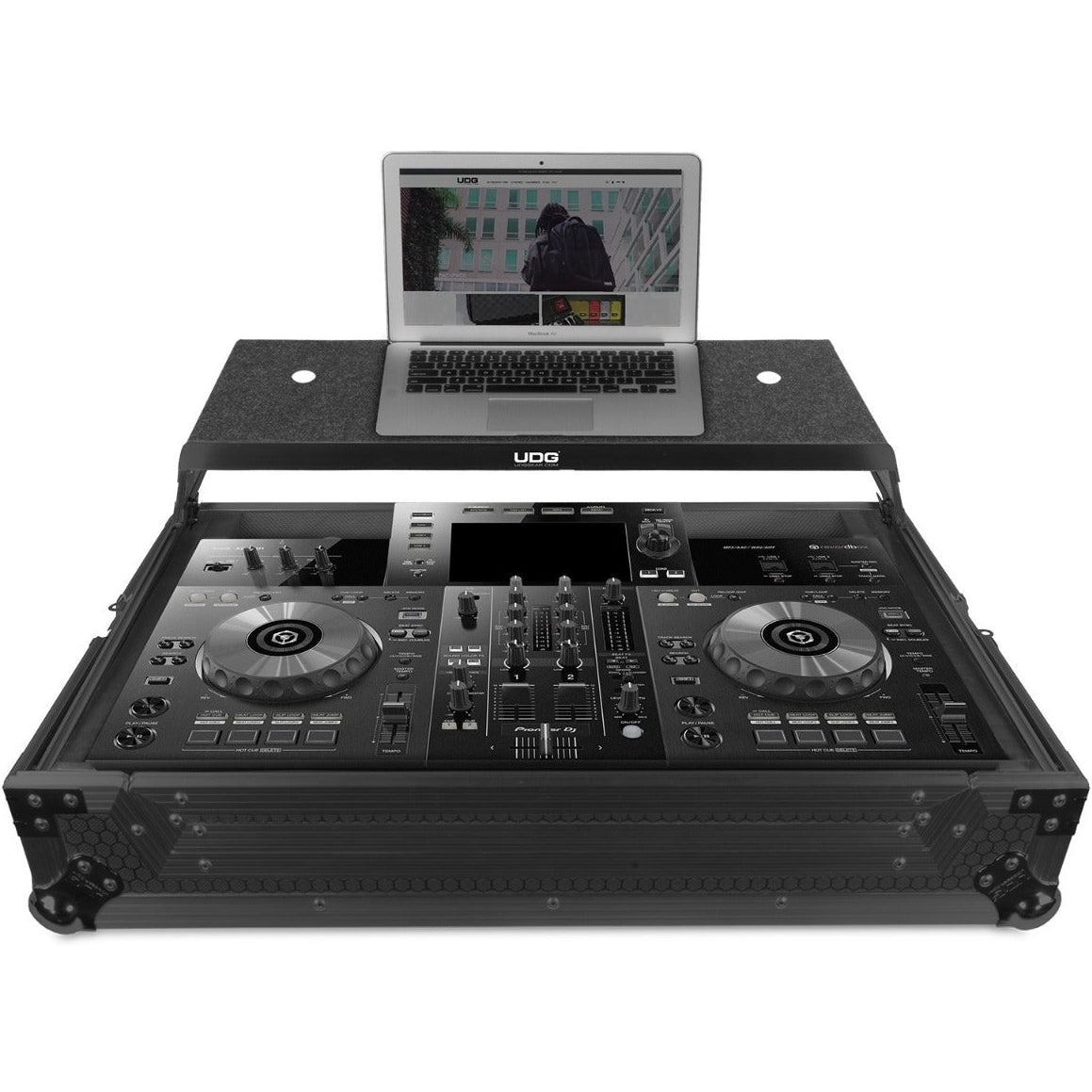 UDG Ultimate Flight Case for Pioneer XDJ-RR with laptop shelf in black, durable DJ flight case with secure storage.