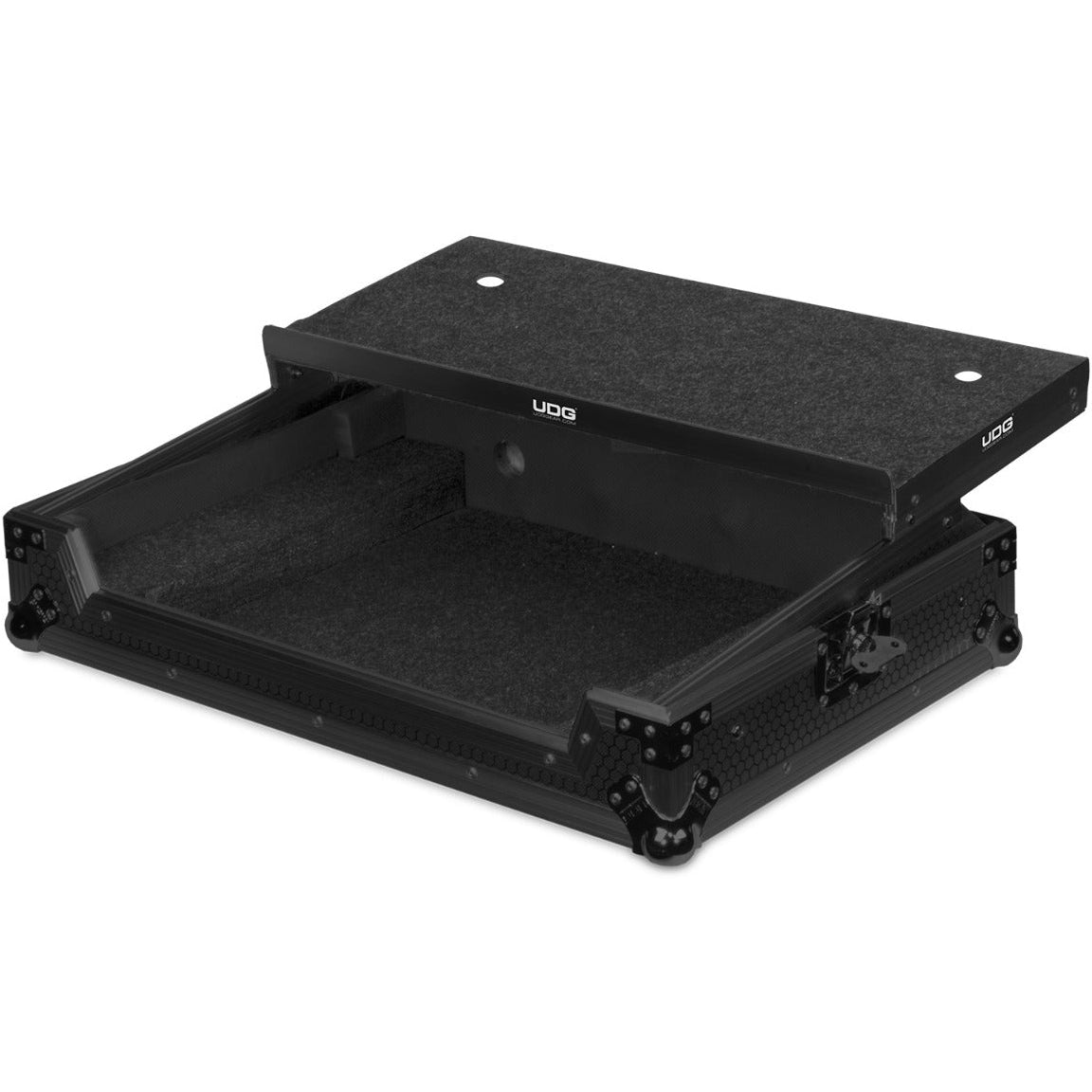 UDG Ultimate Flight Case for Pioneer XDJ-RR with laptop shelf, black DJ flight case designed for secure transport of DJ equipment.