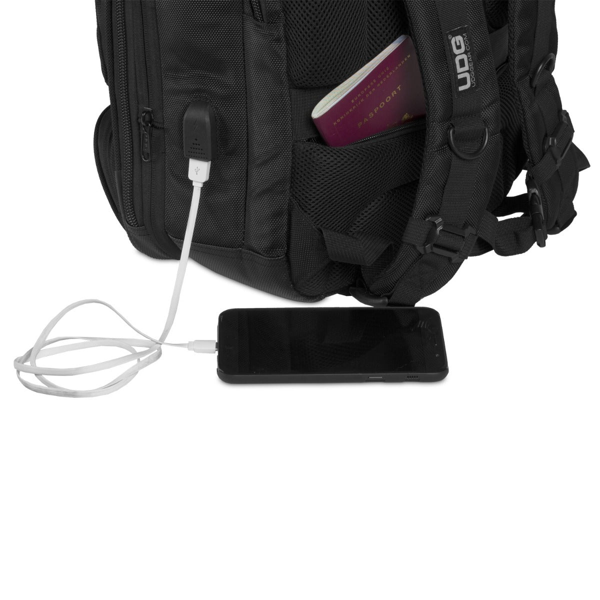 UDG Ultimate Backpack Slim in black for DJs, featuring multiple compartments and padded straps for secure transport of gear