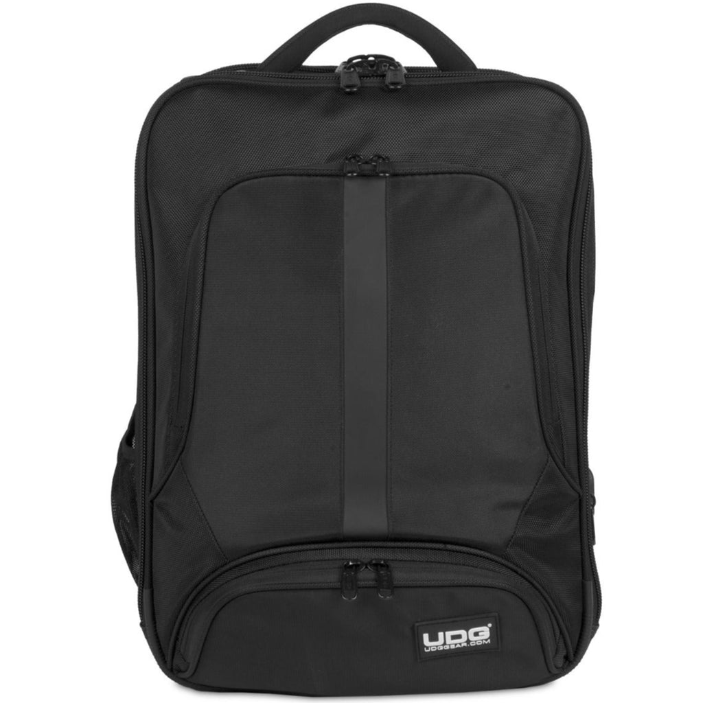 UDG Ultimate Backpack Slim Black for DJs, featuring multiple compartments and padded straps for secure gear transport.