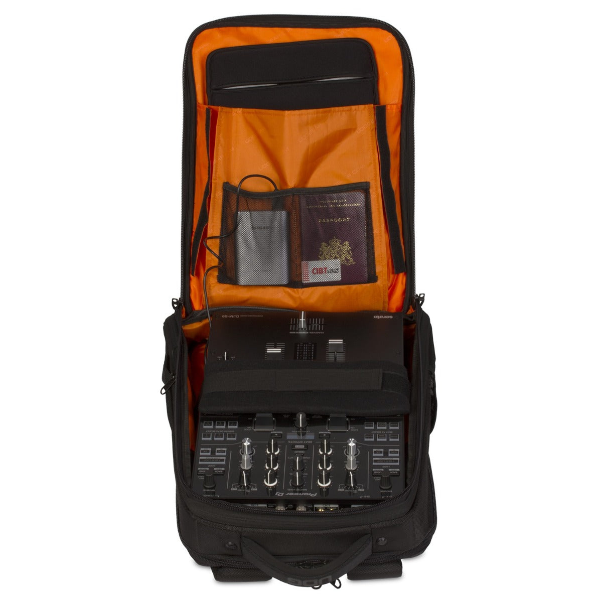 UDG Ultimate Backpack Slim Black for DJs, featuring multiple compartments and padded straps for easy transport of DJ gear.