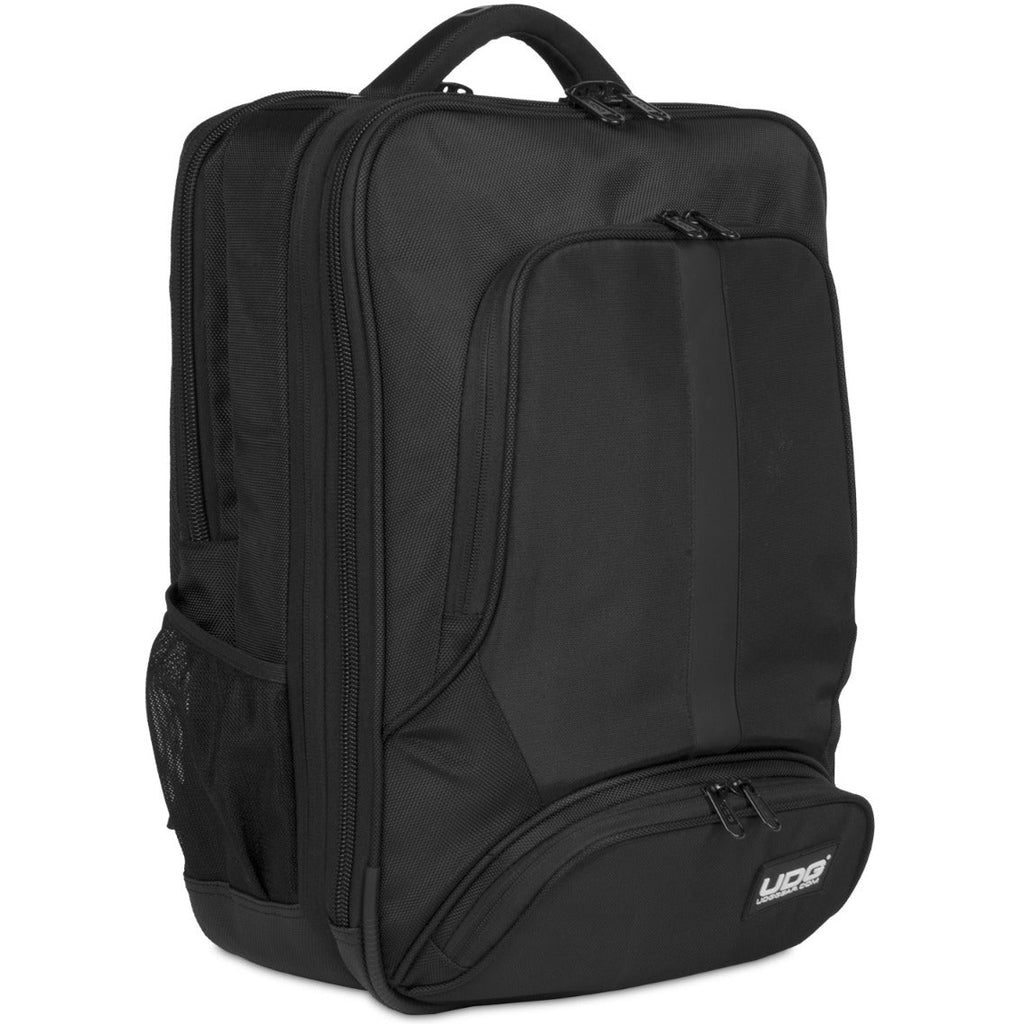 Black UDG Ultimate Slim DJ Backpack with multiple compartments and padded straps for easy transport of DJ gear.