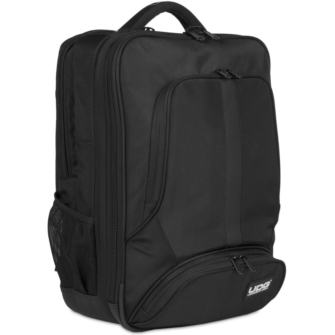Black UDG Ultimate Slim DJ Backpack with multiple compartments and padded straps for easy transport of DJ gear.