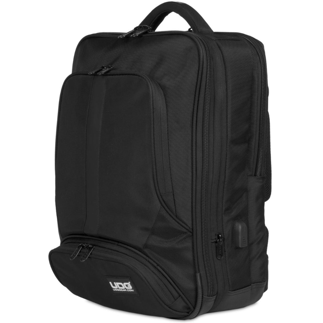 Black UDG Ultimate Slim DJ Backpack with multiple compartments and padded straps for secure, comfortable transport of DJ gear.