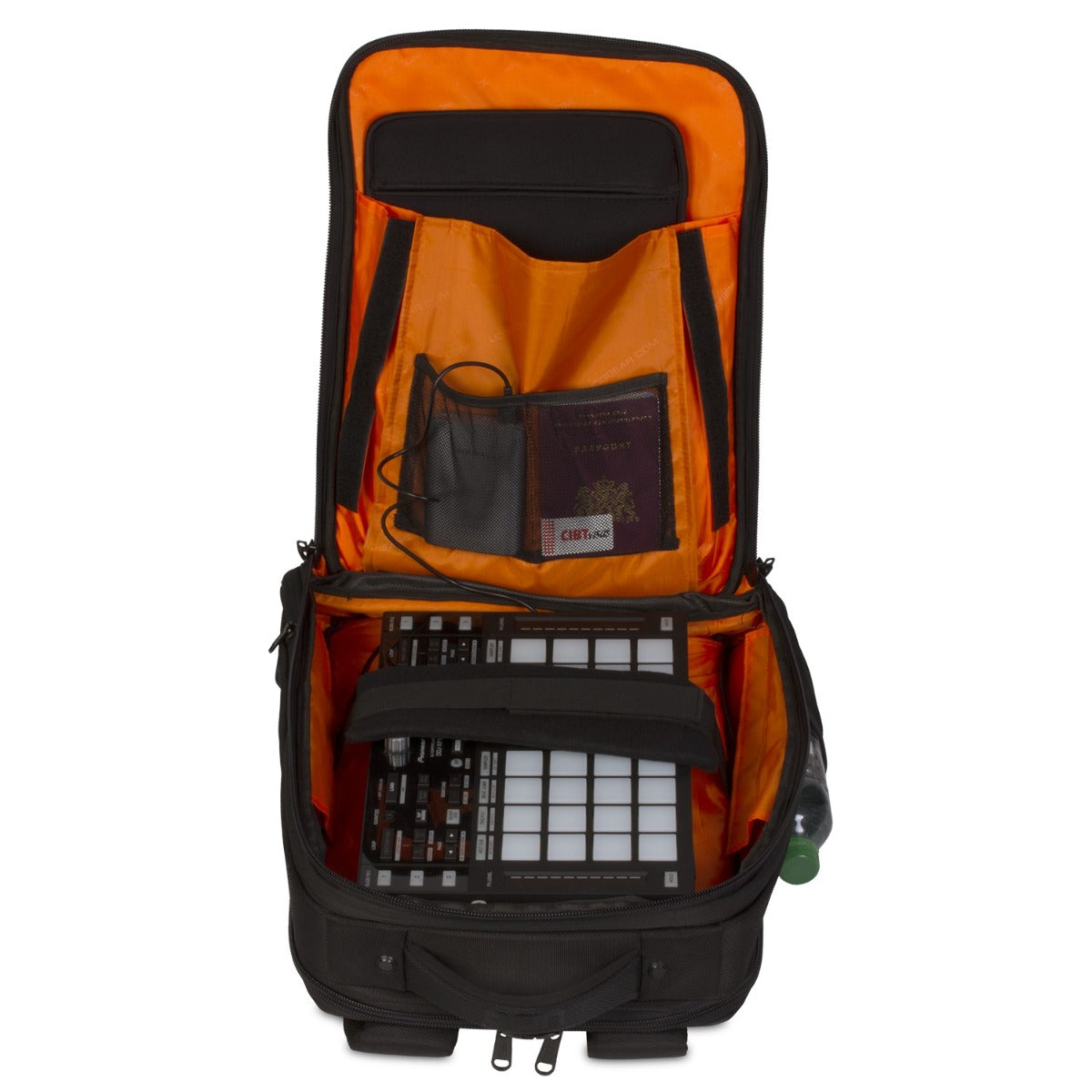 UDG Ultimate Backpack Slim Black for DJ equipment, featuring multiple compartments and padded straps for easy transport.