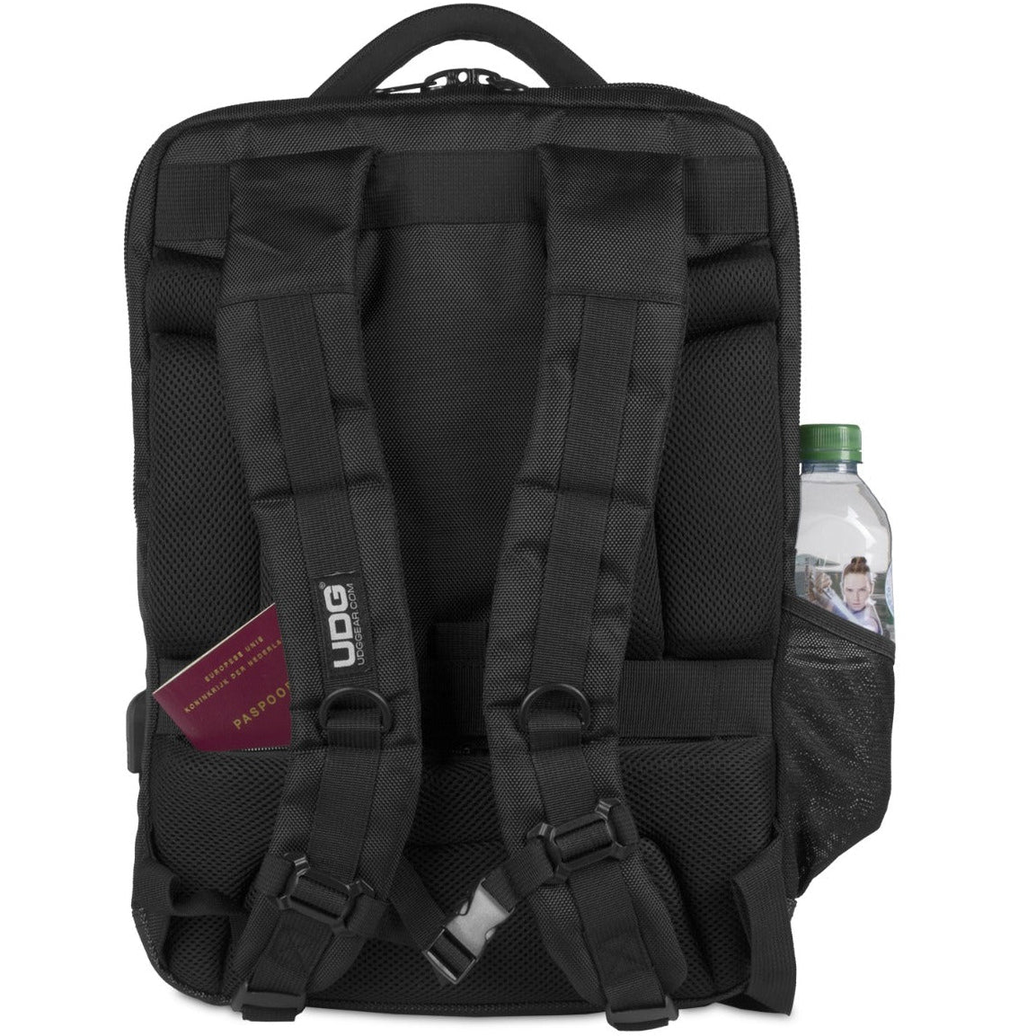 UDG Ultimate Backpack Slim Black for DJs, featuring multiple compartments and padded straps, designed for music gear storage.