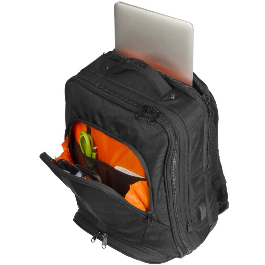 UDG Ultimate Backpack Slim black for DJs, showcasing a sleek, compact design with multiple compartments and padded straps.