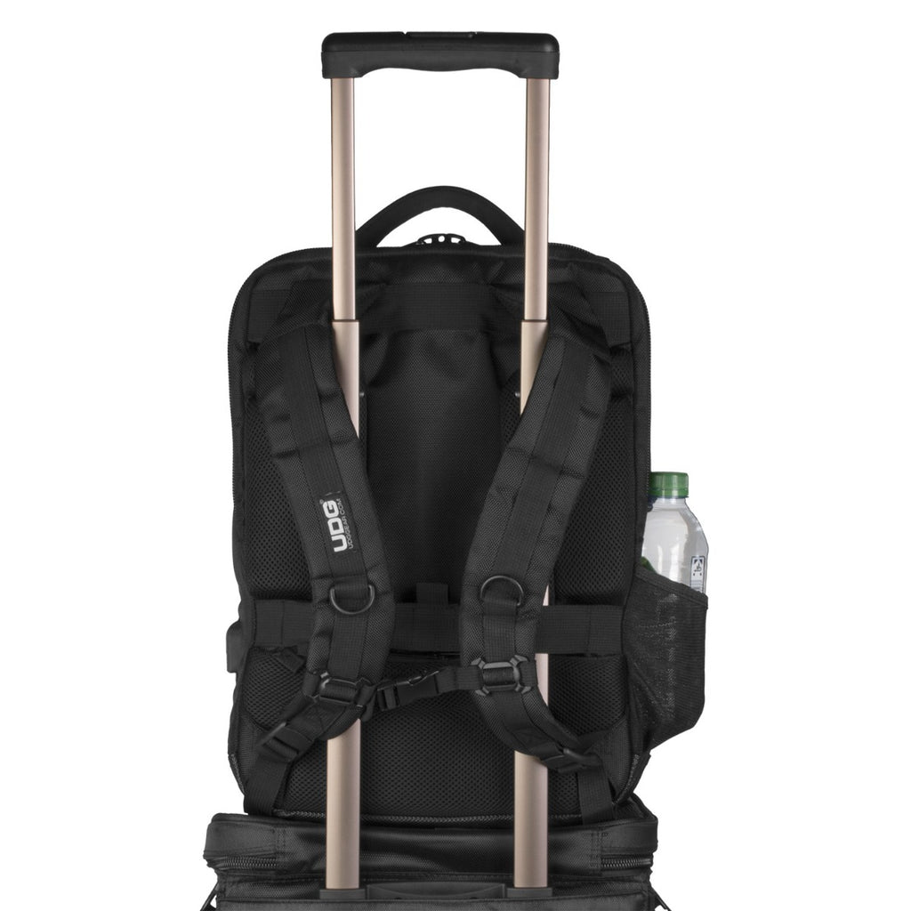UDG Ultimate Backpack Slim Black for DJs, featuring multiple compartments and padded straps for secure transport of gear