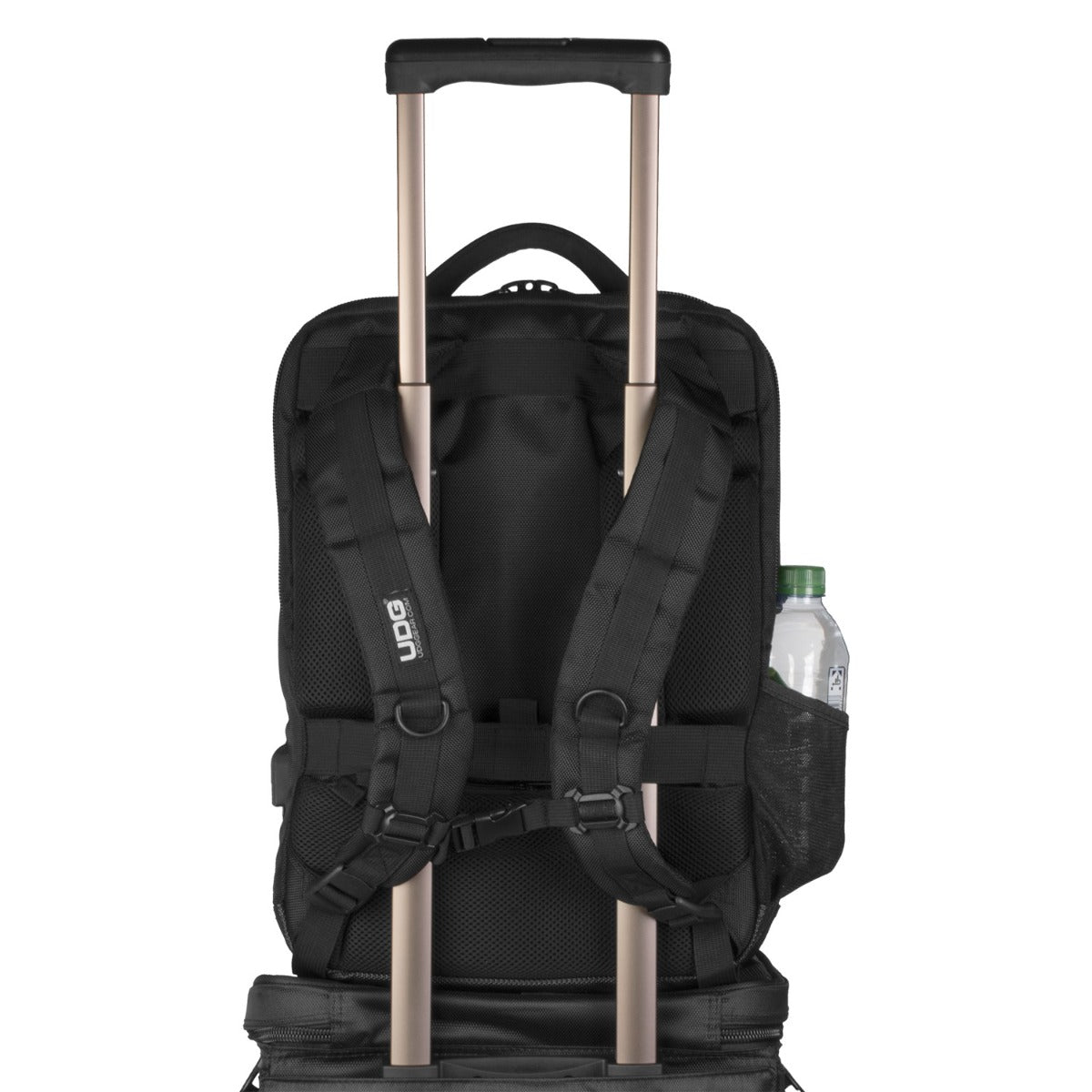 UDG Ultimate Backpack Slim Black for DJs, featuring multiple compartments and padded straps for secure transport of gear