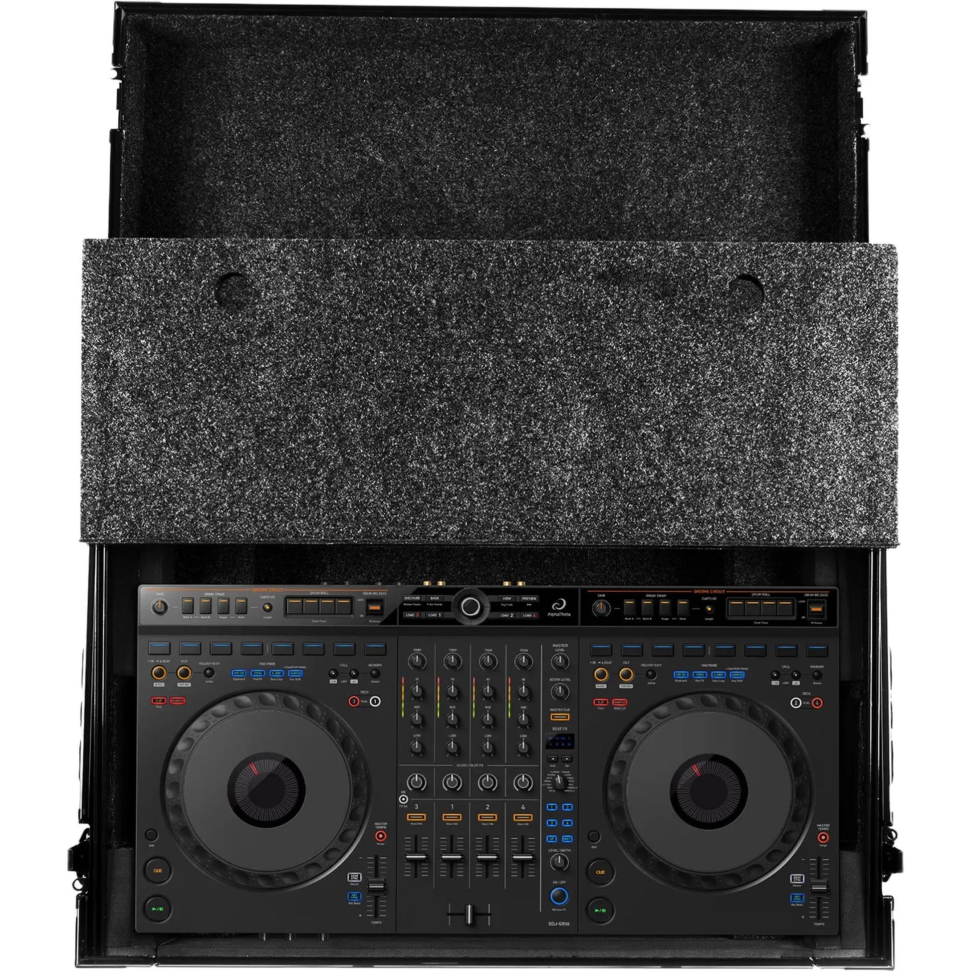 UDG Ultimate Flight Case AlphaTheta DDJ-GRV6 black controller case with laptop shelf for DJ equipment and gear protection