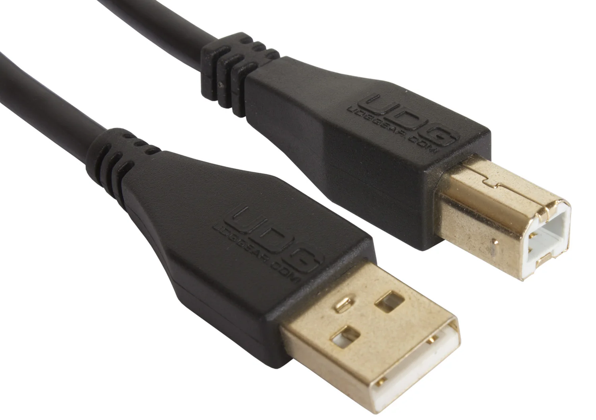 Black UDG USB 2.0 A-B straight audio cable, 2 meters long, designed for reliable audio and data transfer.