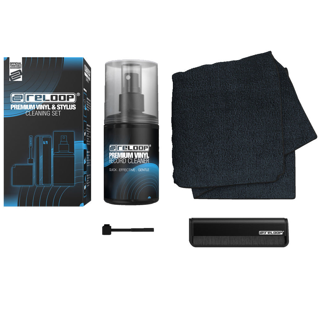 Reloop Premium vinyl and stylus cleaning set with record brushes and cleaning tools for maintaining turntable records and stylus.