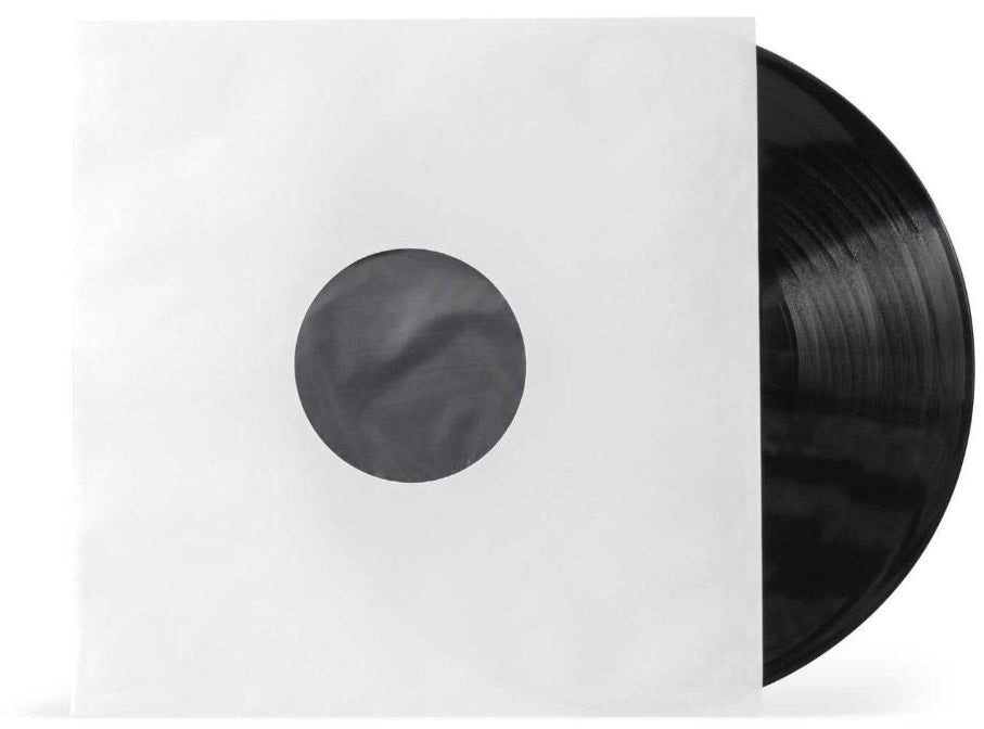 Reloop premium 12-inch vinyl record sleeves with polylined protection, shown in a stack of 50 packaging.